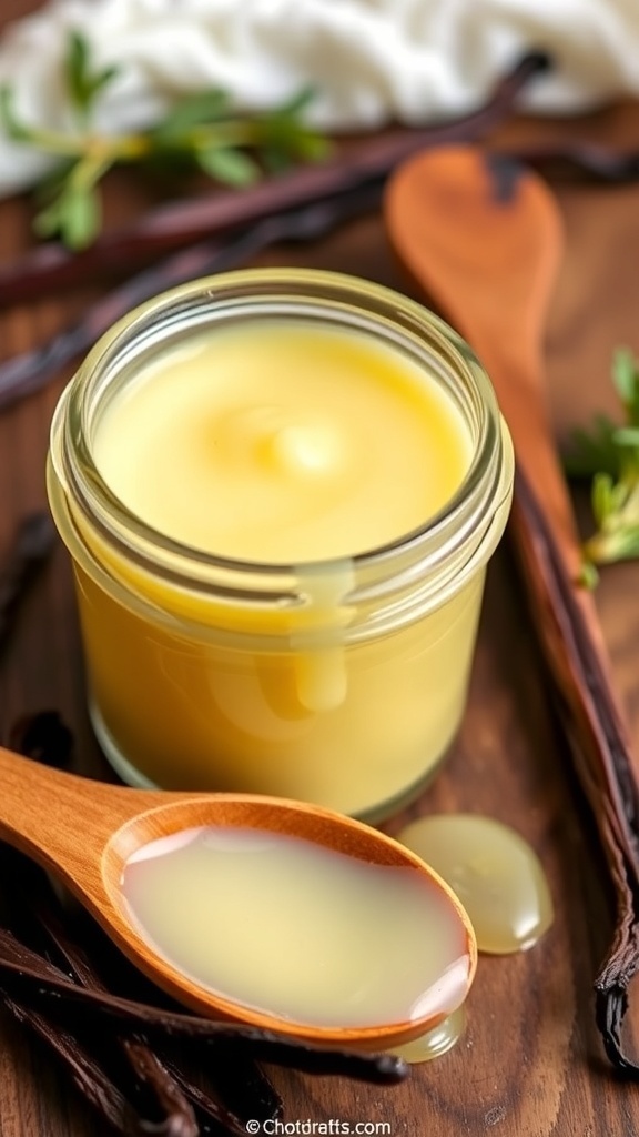 Homemade Butter Vanilla Emulsion Recipe A jar of homemade butter vanilla emulsion with vanilla beans and herbs.